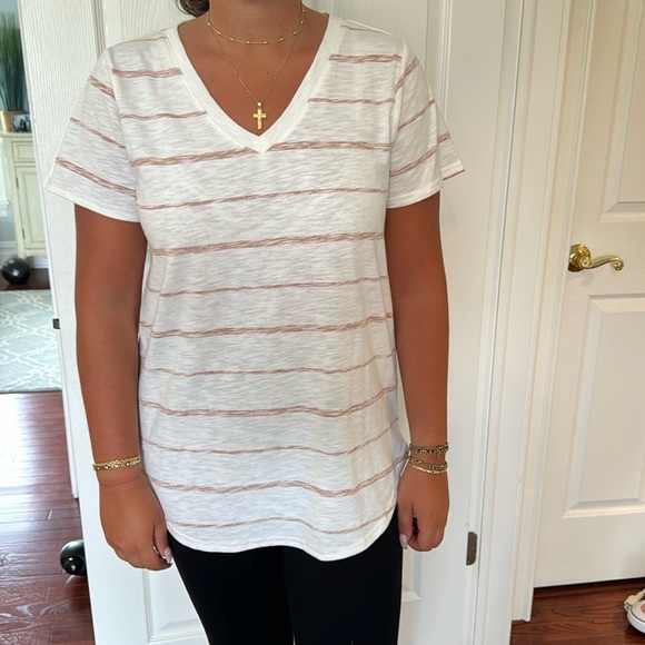 Thread & Supply Cotton Taupe & Cream Striped V-Neck T-Shirt - Picture 1 of 10